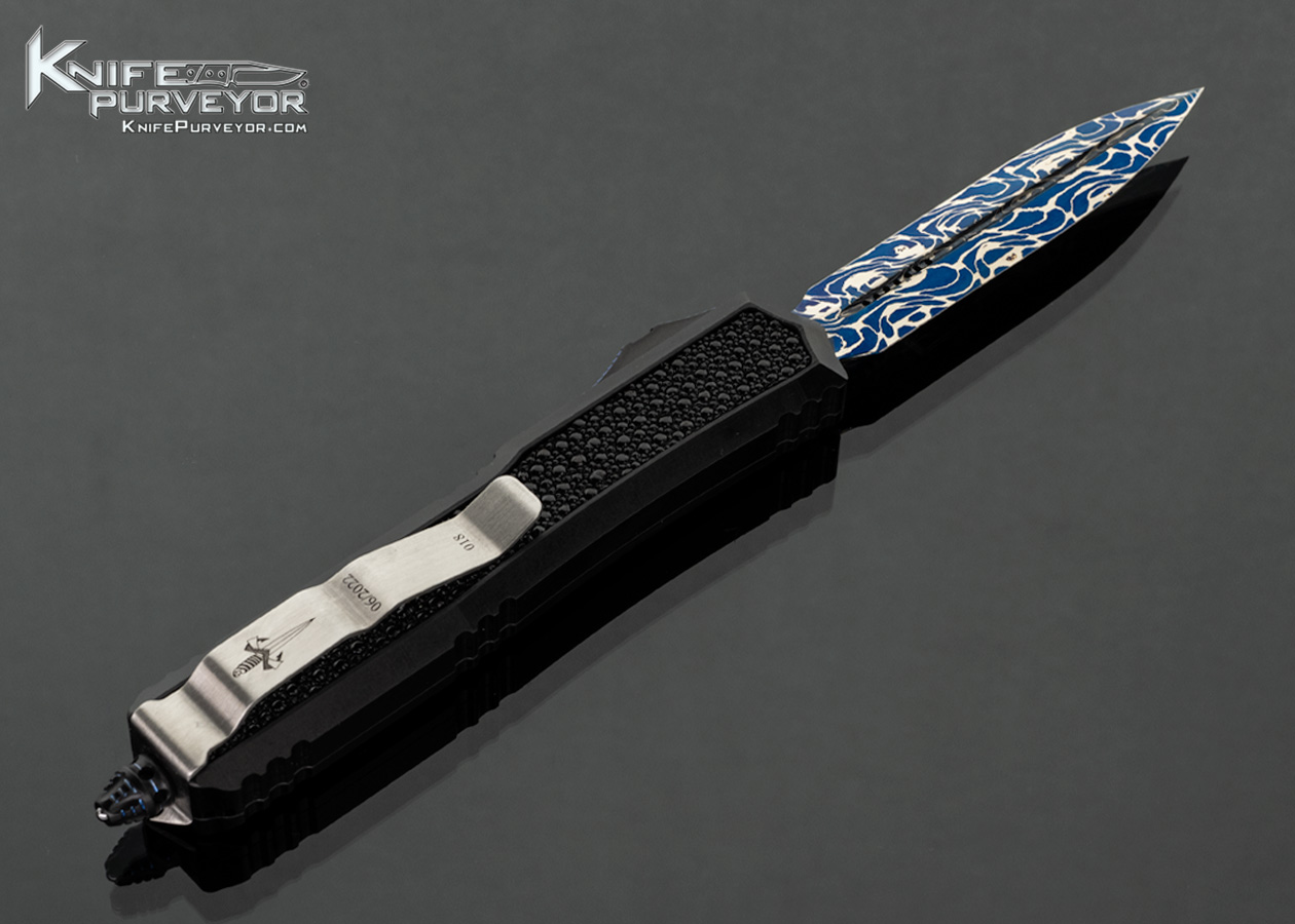 Marfione Custom Knives Makora Double Edged Blued Damascus and Black Aircraft Alloy with Stingray Inlay OTF Auto #018 - Image 3