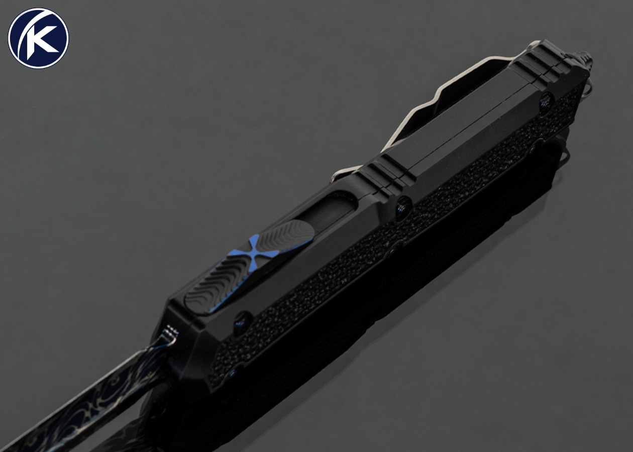 Marfione Custom Knives Makora Double Edged Blued Damascus and Black Aircraft Alloy with Stingray Inlay OTF Auto #018 - Image 4