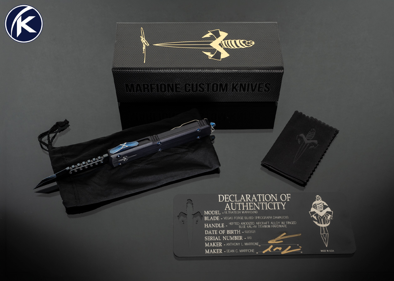 Marfione Custom Knives Ultratech Warhound Blued Spirograph Damascus with Anodized Aircraft Alloy OTF Auto 18266