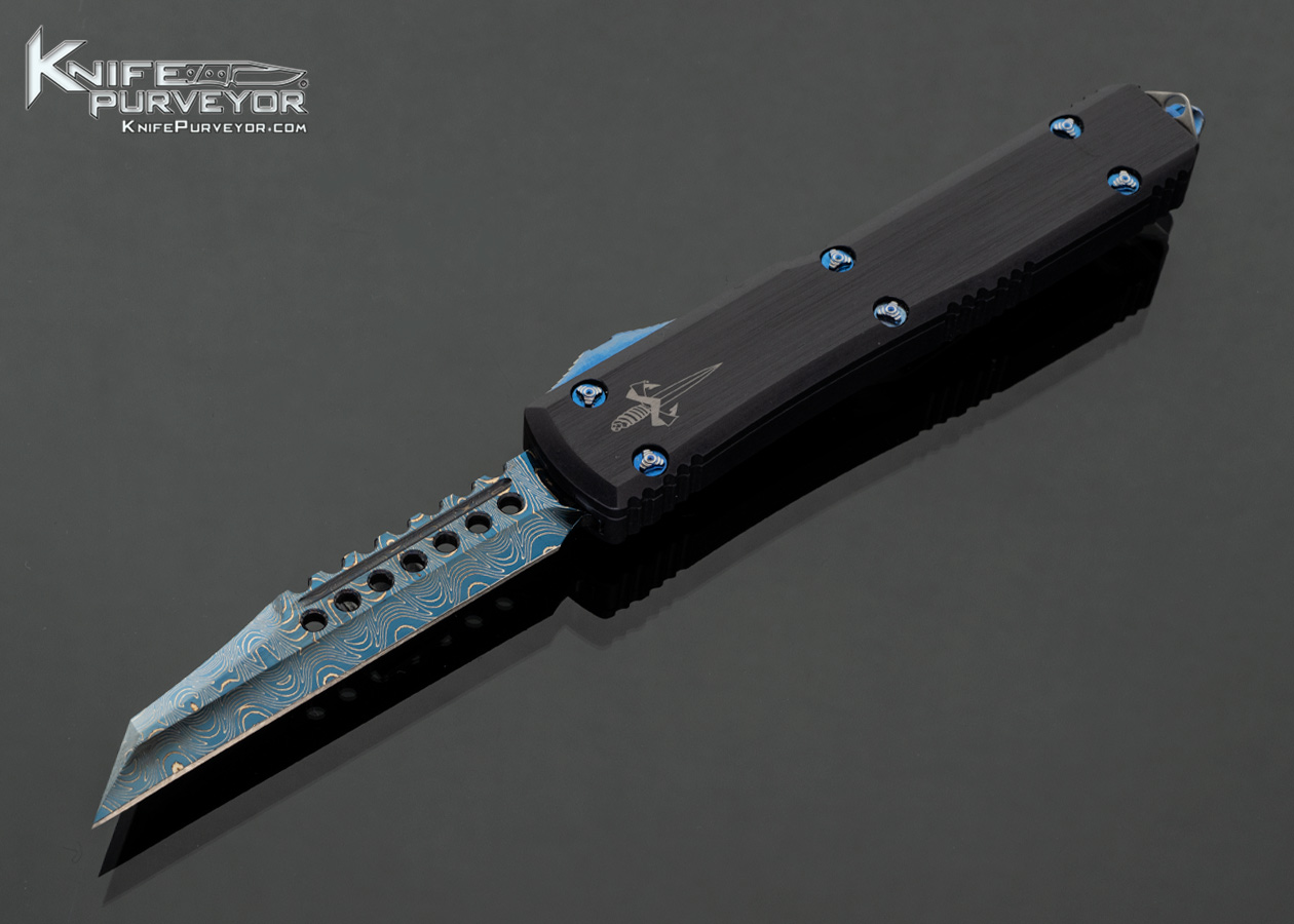 Marfione Custom Knives Ultratech Warhound Blued Spirograph Damascus with Anodized Aircraft Alloy OTF Auto 18266