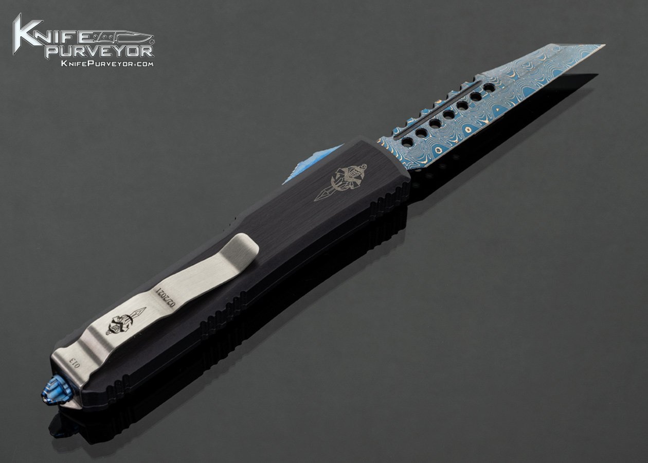 Marfione Custom Knives Ultratech Warhound Blued Spirograph Damascus with Anodized Aircraft Alloy OTF Auto - Image 3