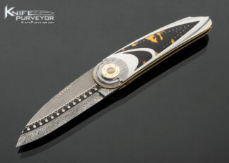 Owen Wood Custom Knife Art Deco Crescent Damascus and Amber with Gold Inlays LinerLock 18228