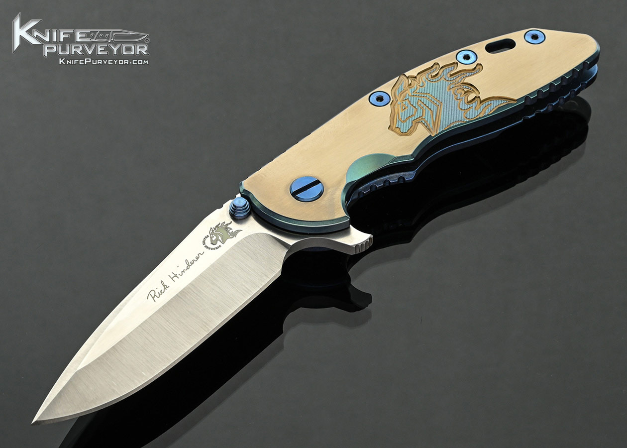 Rick Hinderer Custom Knife XM-18 3.5 Spanto Titanium with HorseHead Anodized Blue/Bronze
