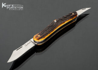 Sao Knives (Max Sao) Custom Knife "Humpback" Amber Stag with Feather Shield 2 Bladed Slip Joint with Half Stops 18250