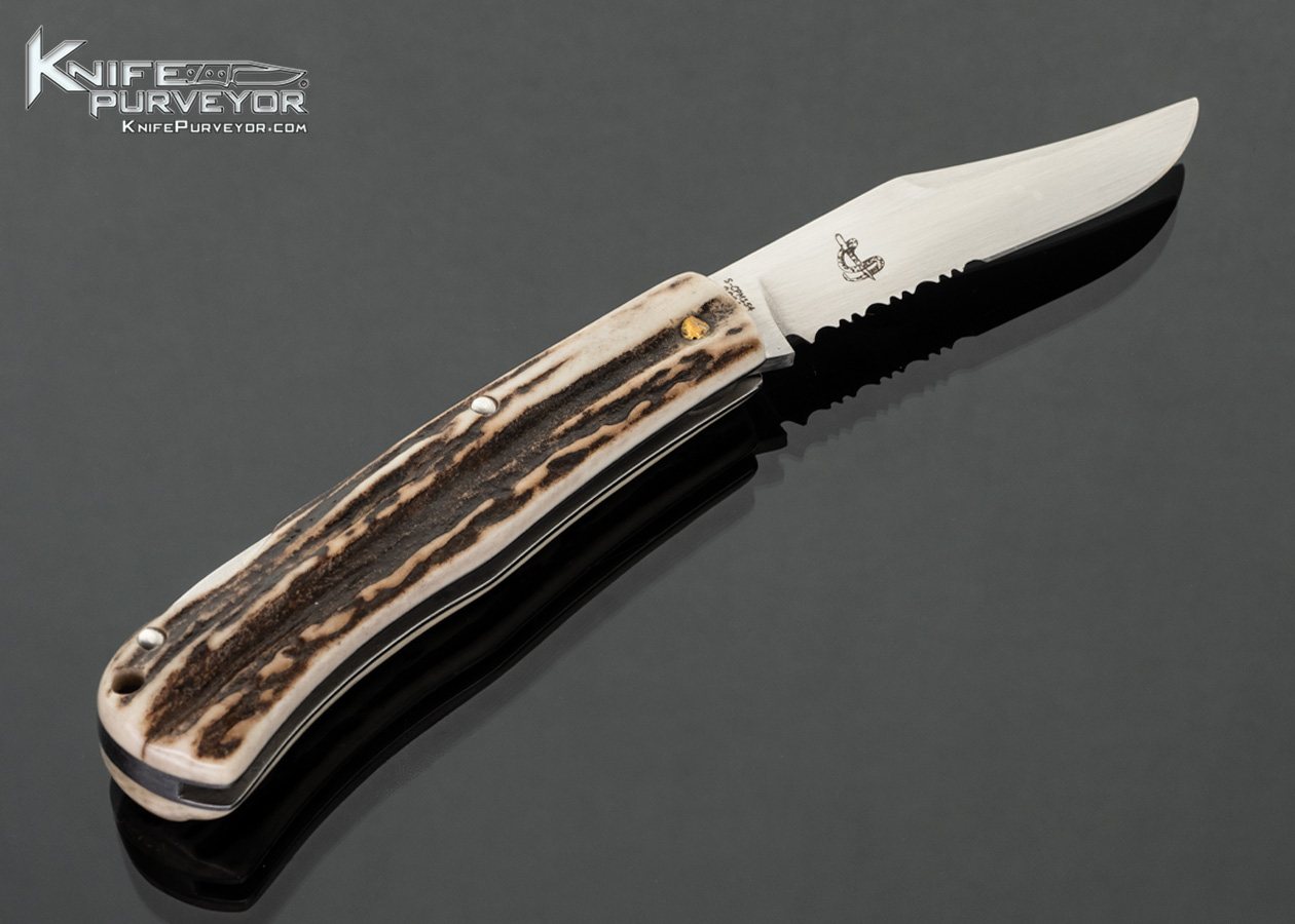 Sao Knives (Max Sao) Custom Knife Lanny II Partially Serrated with Stag and Bullet Shield Lockback - Image 3