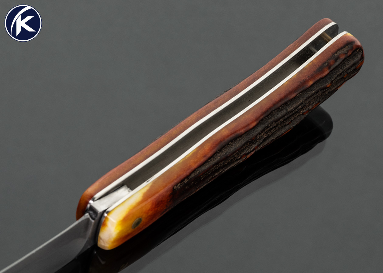 Sao Knives (Max Sao) Custom Knife W2 Blade with Amber Stag Trapper Slip Joint with Half Stop - Image 5