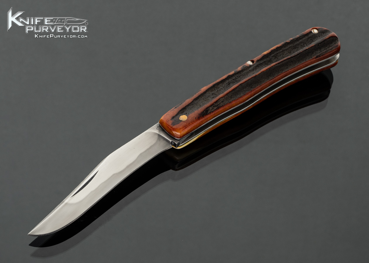 Sao Knives (Max Sao) Custom Knife W2 Blade with Amber Stag Trapper Slip Joint with Half Stop 18252