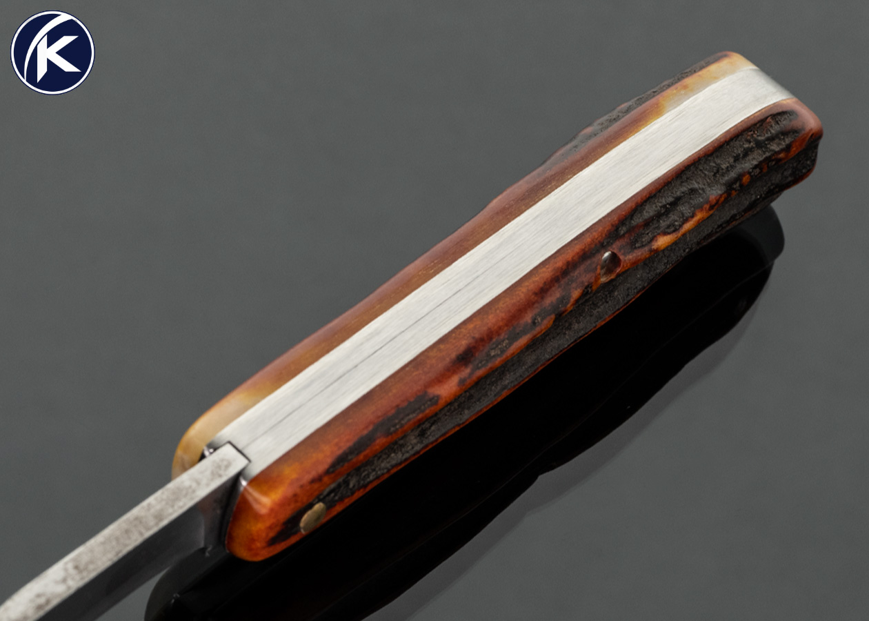 Sao Knives (Max Sao) Custom Knife W2 Blade with Amber Stag Trapper Slip Joint with Half Stop - Image 4