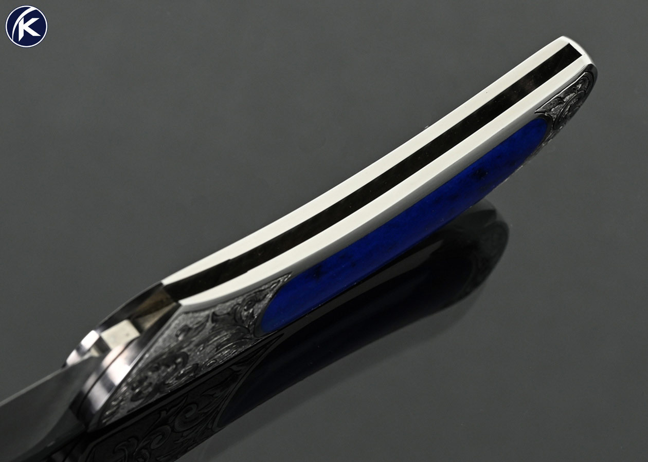 Steve Hoel Custom Knife Blue Lapis Interframe Lockback Engraved by Jim R. Sornberger in 2002