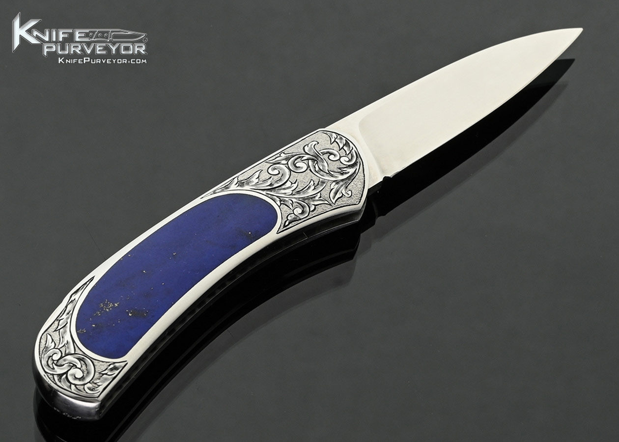 Steve Hoel Custom Knife Blue Lapis Interframe Lockback Engraved by Jim R. Sornberger in 2002