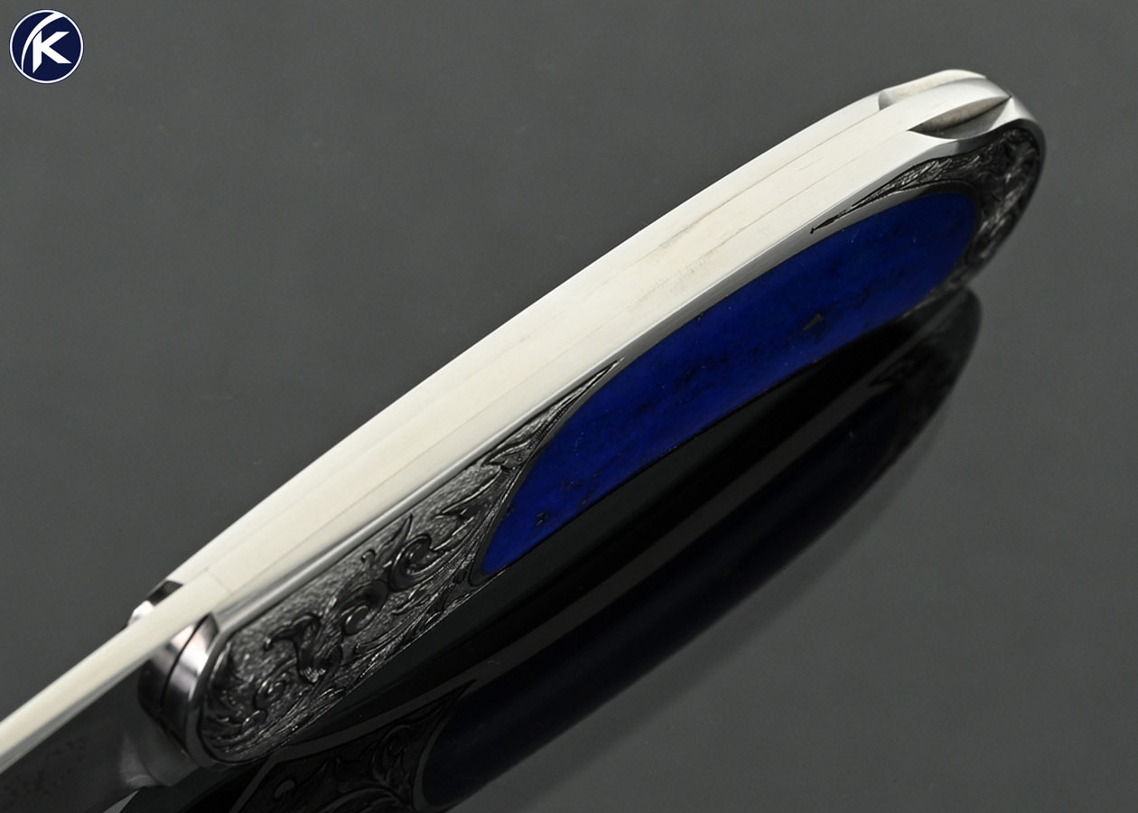 Steve Hoel Custom Knife Blue Lapis Interframe Lockback Engraved by Jim R. Sornberger in 2002