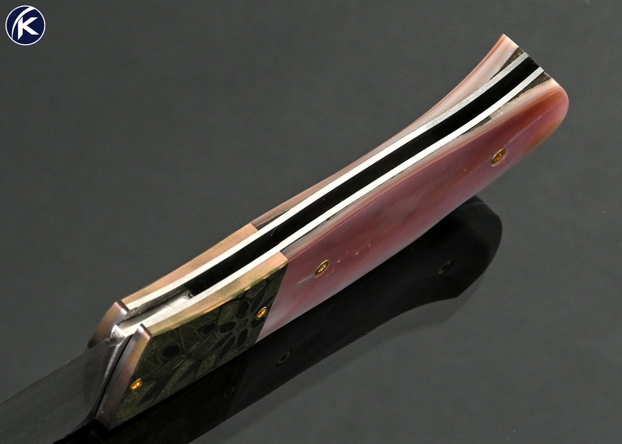 W.D.-Pease-Custom-Knife-Anodized-and-Stippled-Titanium-Bolsters-with-Pink-Pearl-Lockback-