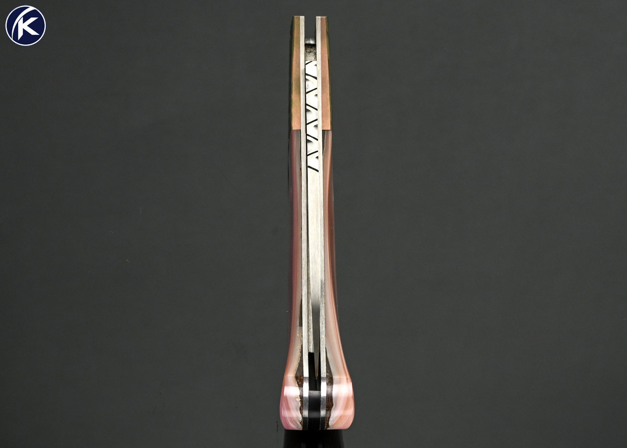 W.D.-Pease-Custom-Knife-Anodized-and-Stippled-Titanium-Bolsters-with-Pink-Pearl-Lockback-