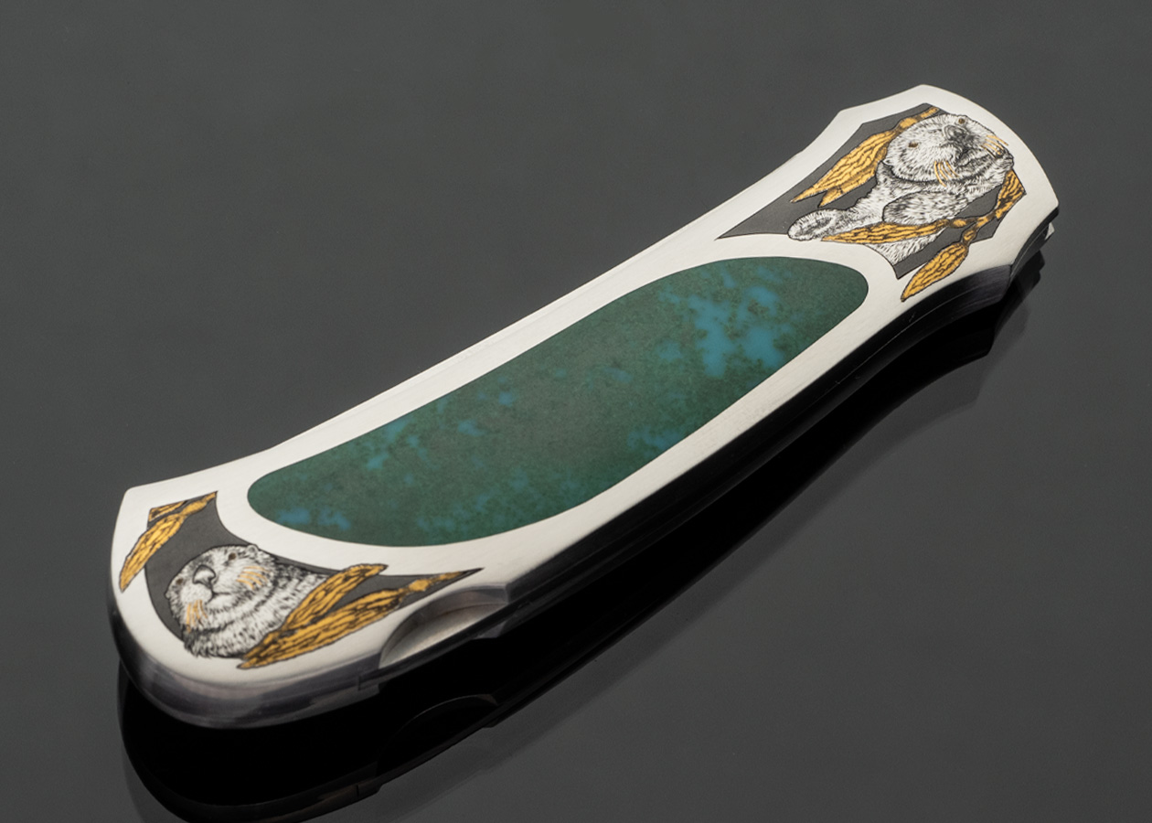Warren Osborne Custom Knife Chrysocolla Interframe Lockback Sea Otters Engraved by Christy George with 24Kt Gold Inlays #006 17566