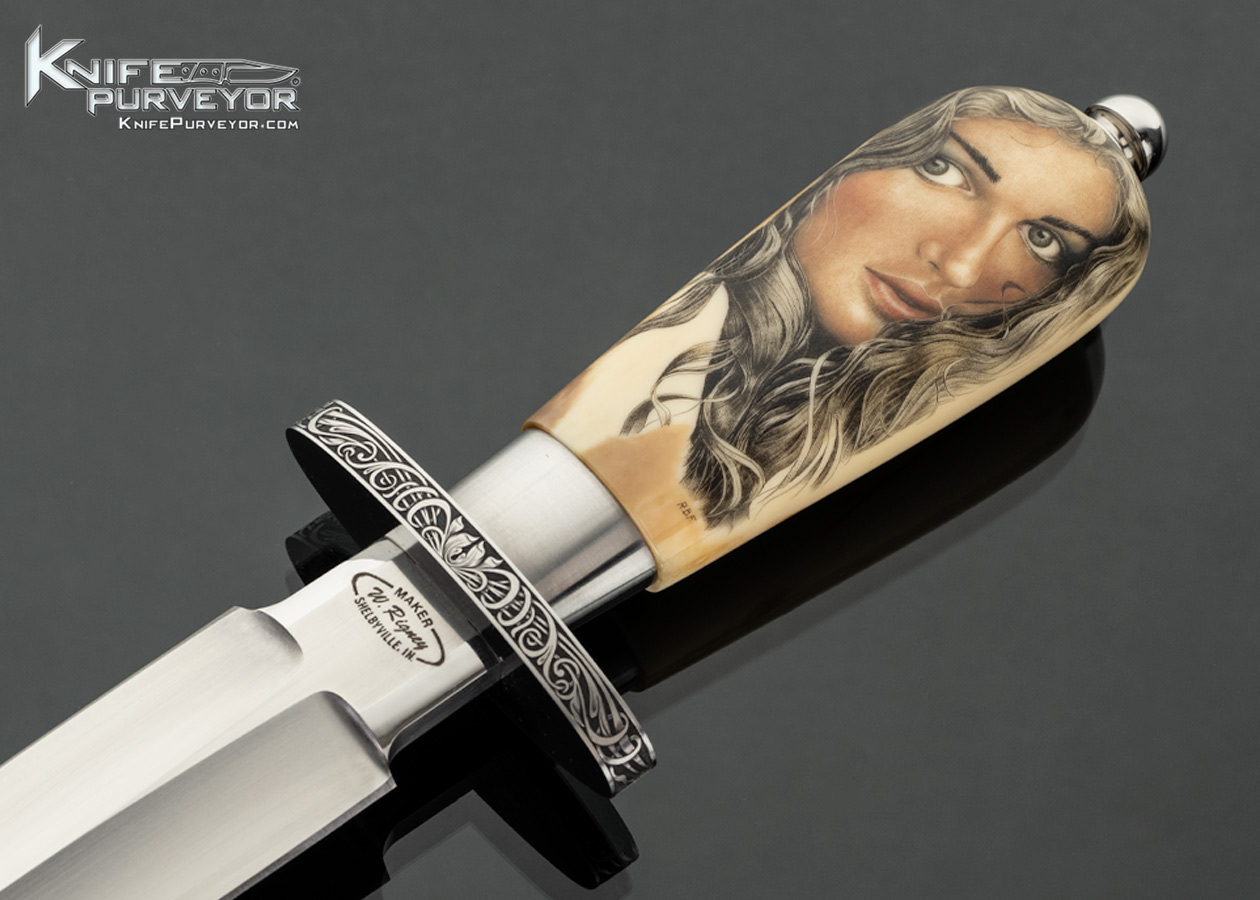 Willie Rigney Custom Knife Mammoth Fixed Blade Dagger Scrimshawed by Rick B. Fields and Engraved by Julie Warenski - Image 2