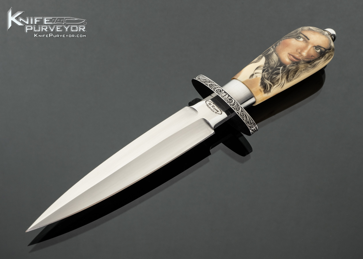 Willie Rigney Custom Knife Mammoth Fixed Blade Dagger Scrimshawed by Rick B. Fields and Engraved by Julie Warenski 18272