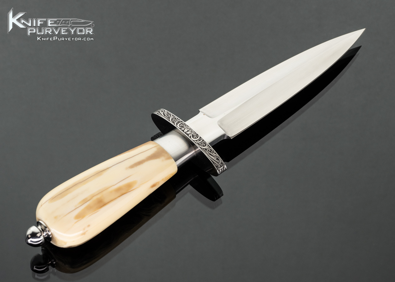 Willie Rigney Custom Knife Mammoth Fixed Blade Dagger Scrimshawed by Rick B. Fields and Engraved by Julie Warenski - Image 3