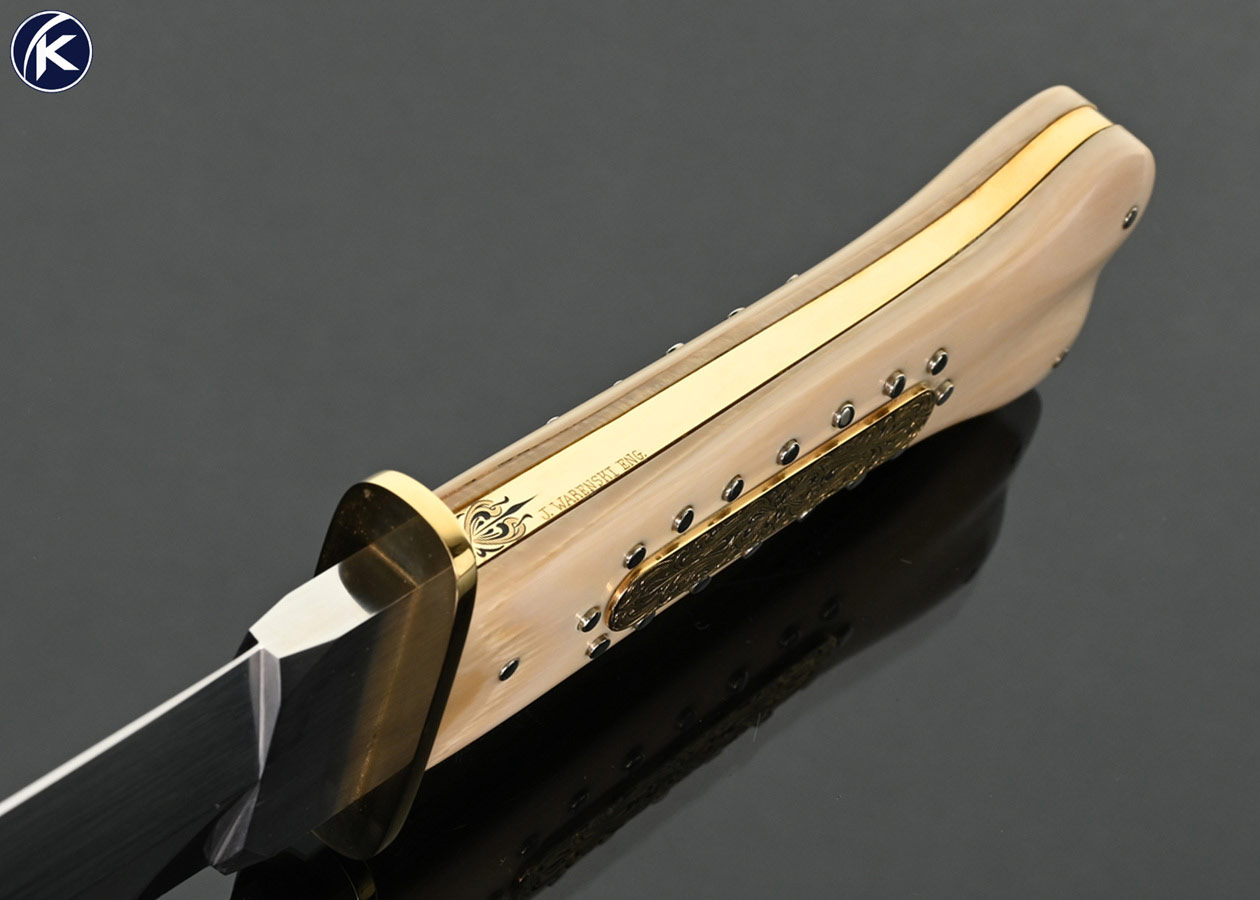 Buster-Warenski-Custom-Knife-Mastodon-Dog-Bone-Dagger-Engraved-with-Gold-Inlays-by-Julie-Waresnki-