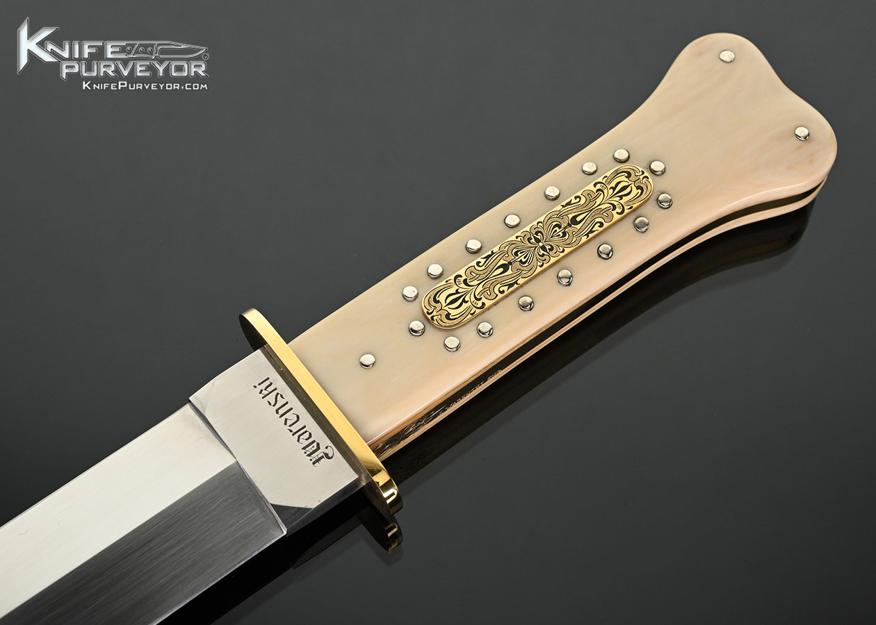 Buster-Warenski-Custom-Knife-Mastodon-Dog-Bone-Dagger-Engraved-with-Gold-Inlays-by-Julie-Waresnki-