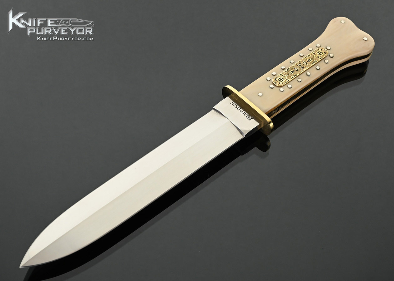 Buster-Warenski-Custom-Knife-Mastodon-Dog-Bone-Dagger-Engraved-with-Gold-Inlays-by-Julie-Waresnki-