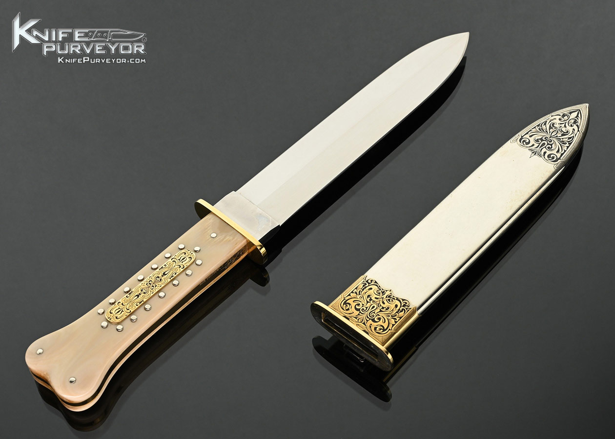 Buster-Warenski-Custom-Knife-Mastodon-Dog-Bone-Dagger-Engraved-with-Gold-Inlays-by-Julie-Waresnki-