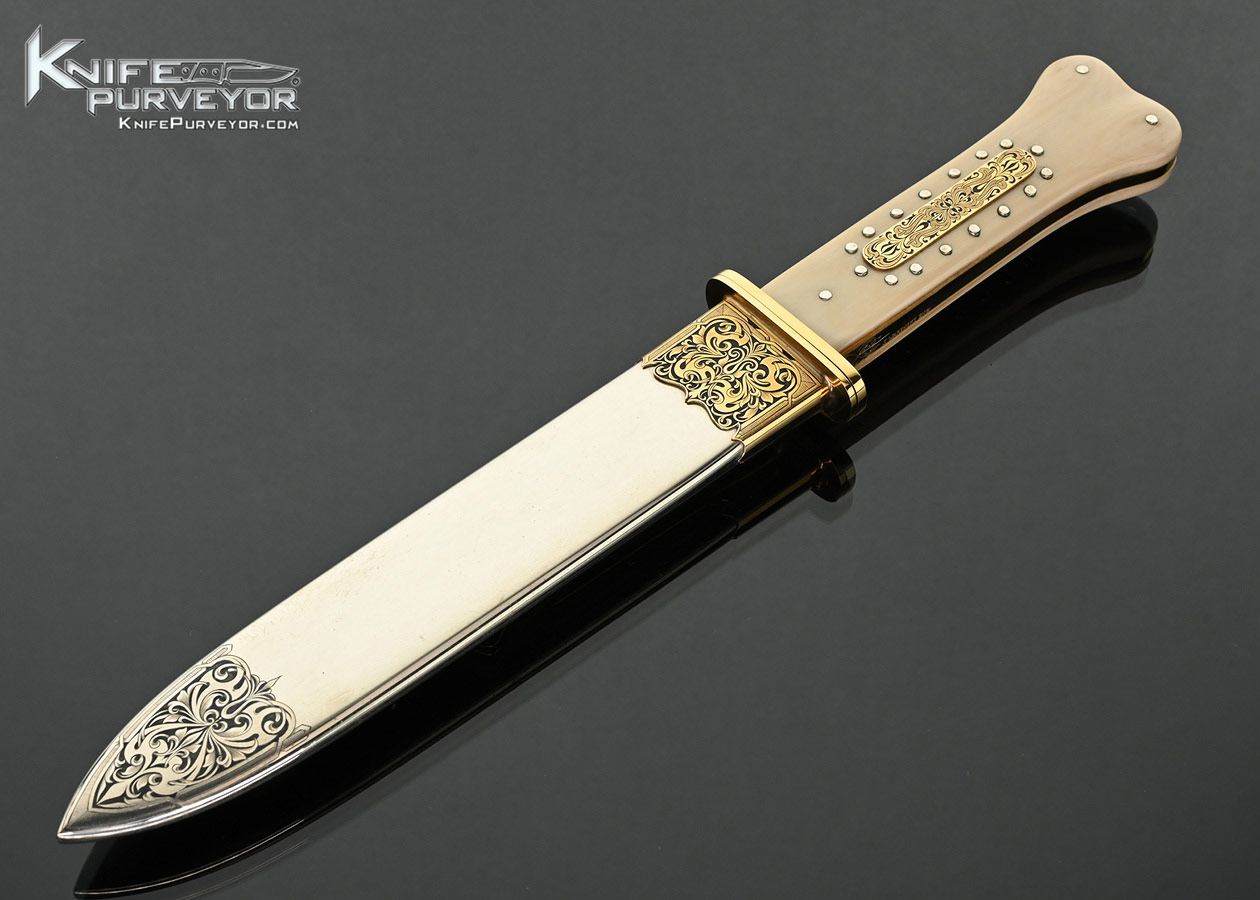 Buster-Warenski-Custom-Knife-Mastodon-Dog-Bone-Dagger-Engraved-with-Gold-Inlays-by-Julie-Waresnki-