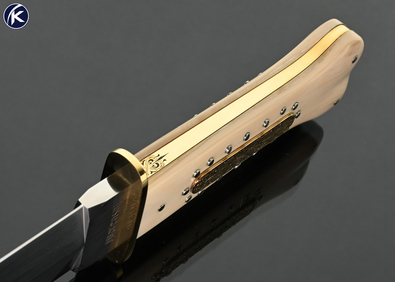 Buster-Warenski-Custom-Knife-Mastodon-Dog-Bone-Dagger-Engraved-with-Gold-Inlays-by-Julie-Waresnki-
