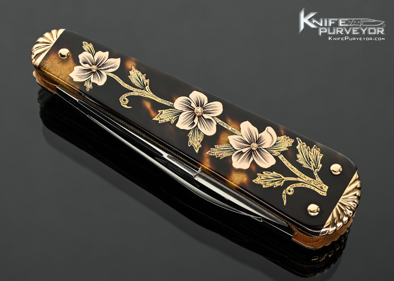 C. Gray Taylor Custom Knife Amber and 14Kt Gold 3 Bladed Candle End Lobster Pattern Slip Joint Engraved by Tim George with Handmade Box - Image 2