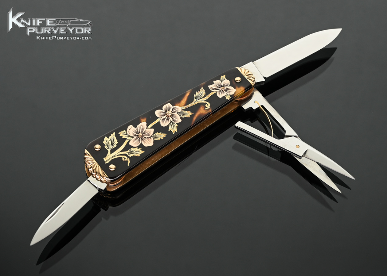 C. Gray Taylor Custom Knife Amber and 14Kt Gold 3 Bladed Candle End Lobster Pattern Slip Joint Engraved by Tim George with Handmade Box - Image 3