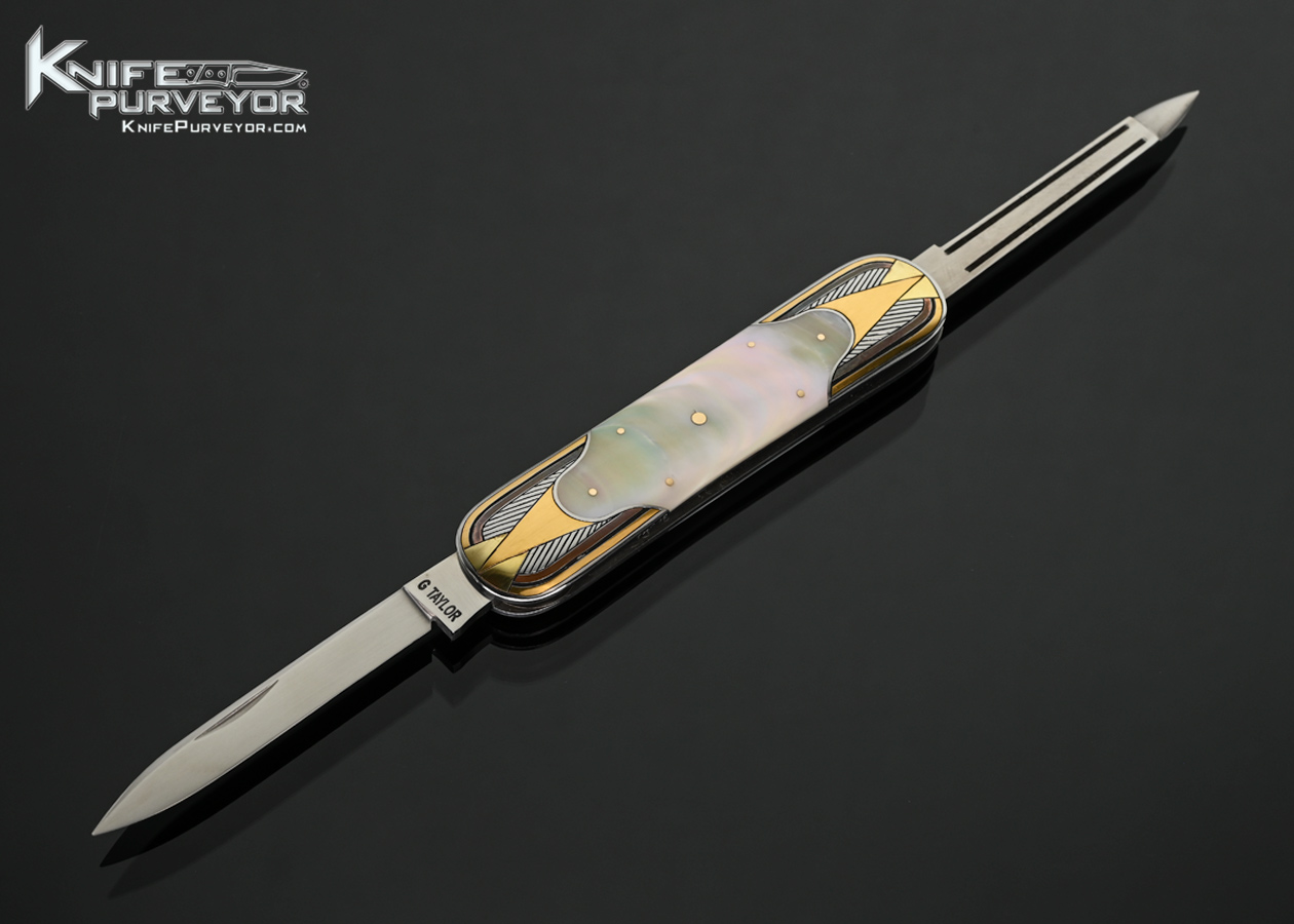 C. Gray Taylor Custom Knife Green Seasnail Shell 2 Blade Slipjoint Engraved by Tim George 18303