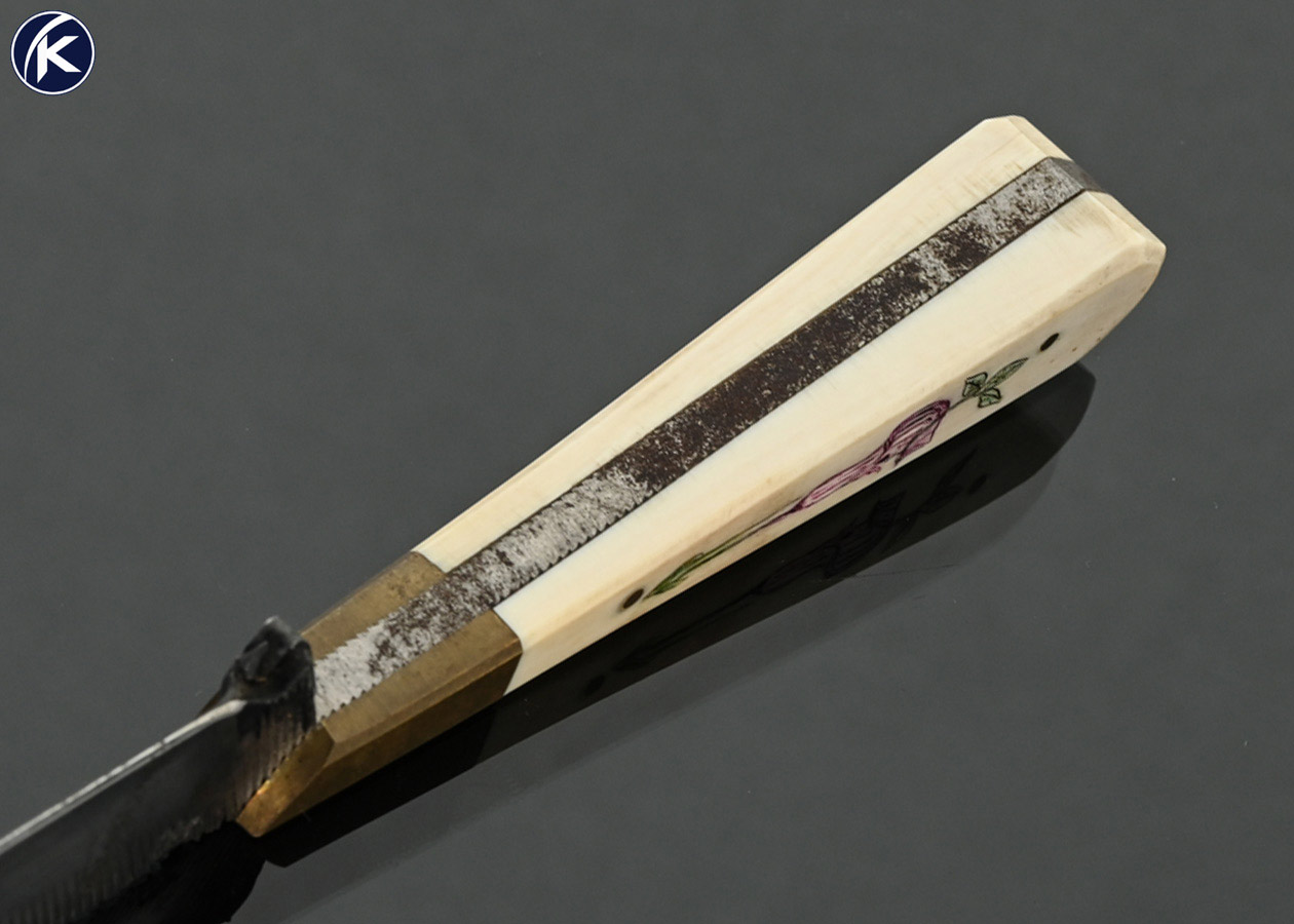 Daniel-Winkler-Custom-Knife-Small-File-Neck-Knife-Hunter-with-Bone-Scrimshawed-by-Karen-Shook-and-Winkler-Sheath-