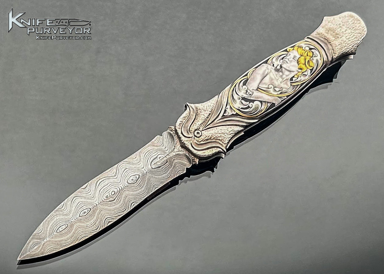 David-Broadwell-Custom-Knife-Damascus-with-Carved-and-Fluted-Frame-Front-Flipper-Engraved-by-Ray-Cover-Jr.-with-24Kt-Gold-Inlays-