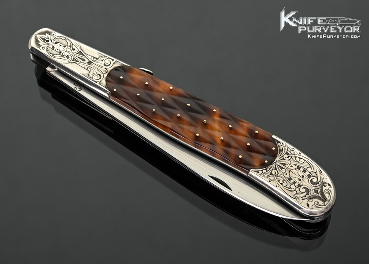 Jean Pierre Sucheras Custom Knife Elizabeth Da Justa Engraved Piqued Amber Front Lock Folding Fruit Knife - Image 2