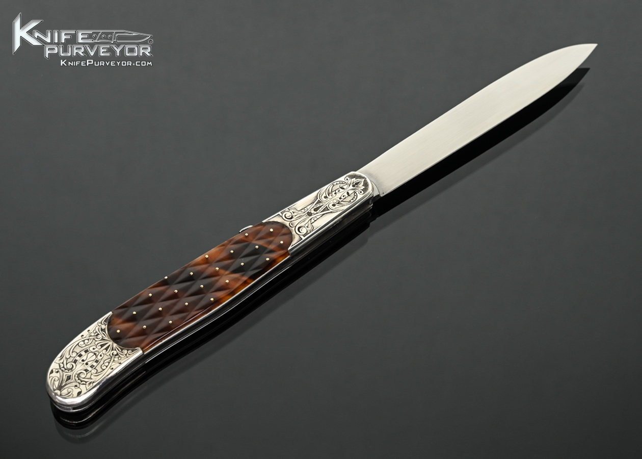 Jean Pierre Sucheras Custom Knife Elizabeth Da Justa Engraved Piqued Amber Front Lock Folding Fruit Knife - Image 3