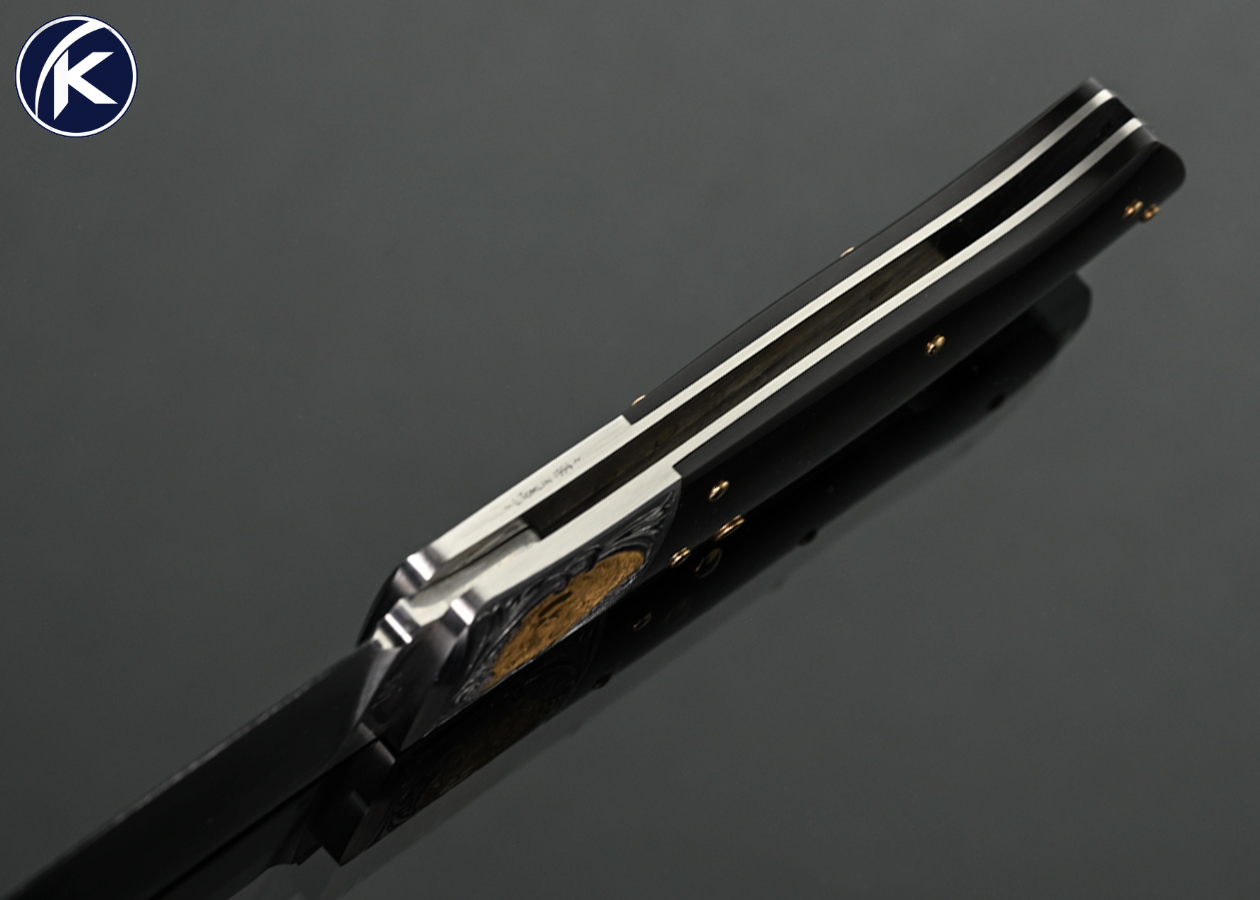 Jess Horn Custom Knife Black Buffalo Horn with 14Kt Gold Pins "3/4 SHLM" Lockback Engraved by Lisa Tomlin - Image 6