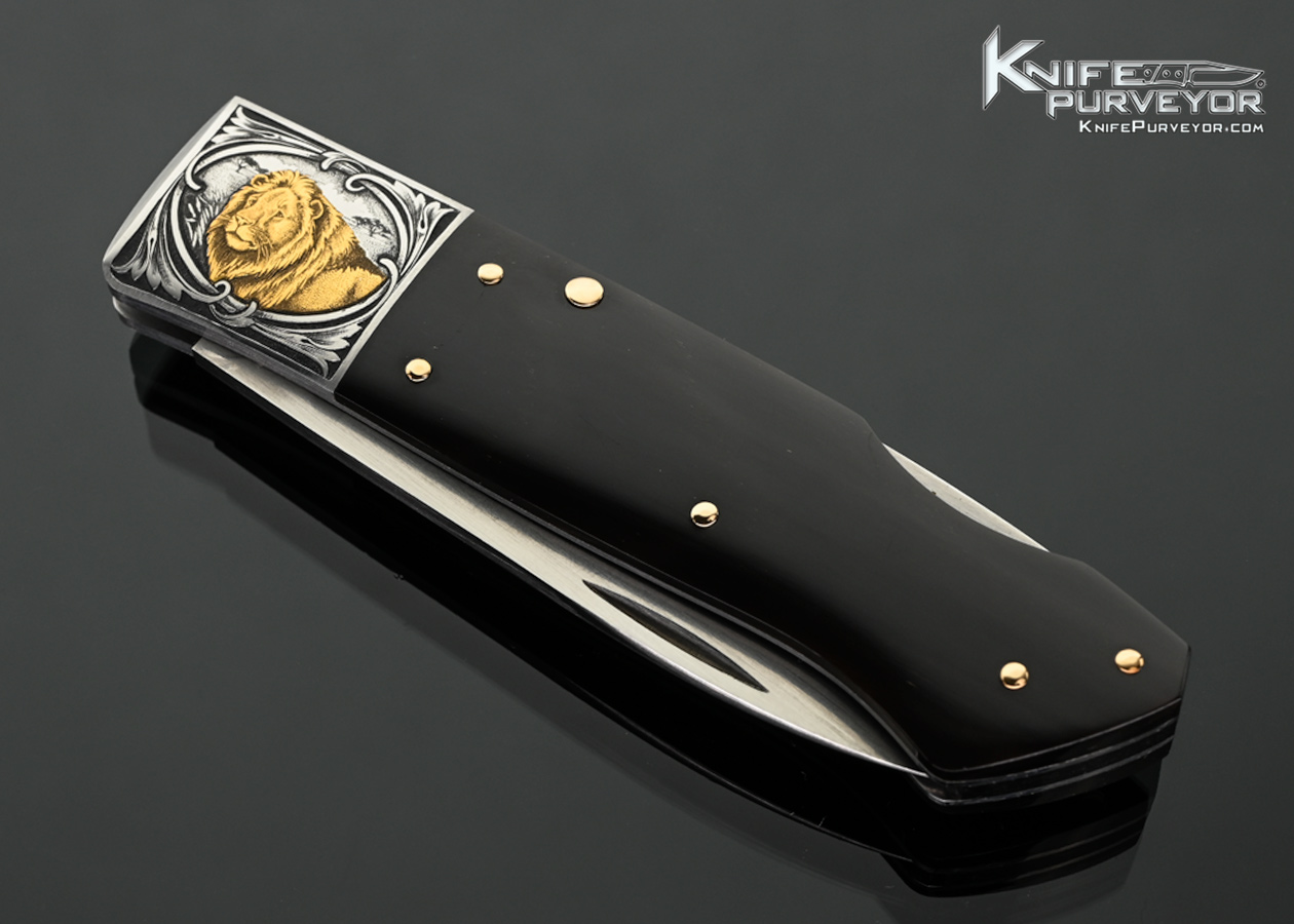 Jess Horn Custom Knife Black Buffalo Horn with 14Kt Gold Pins "3/4 SHLM" Lockback Engraved by Lisa Tomlin - Image 2