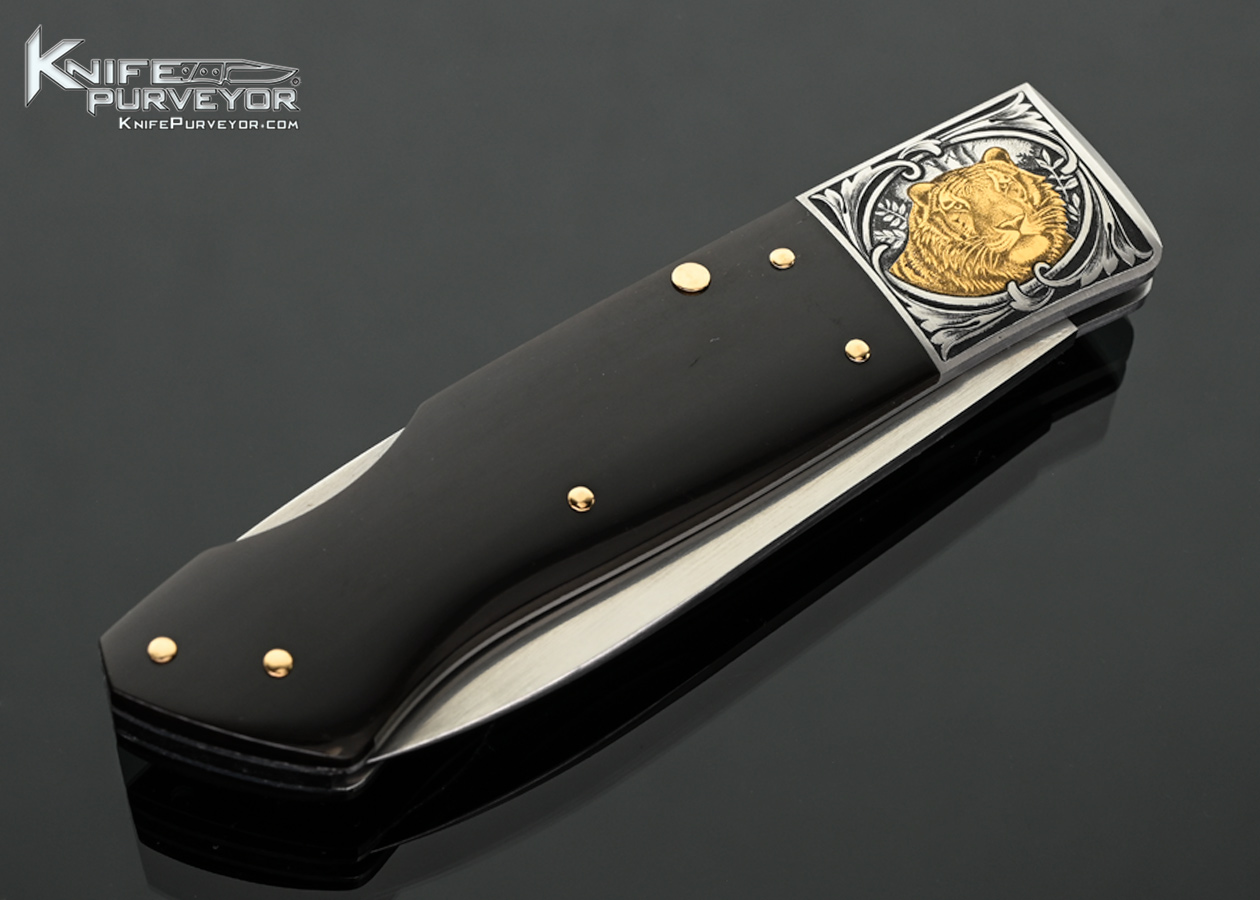 Jess Horn Custom Knife Black Buffalo Horn with 14Kt Gold Pins "3/4 SHLM" Lockback Engraved by Lisa Tomlin - Image 4