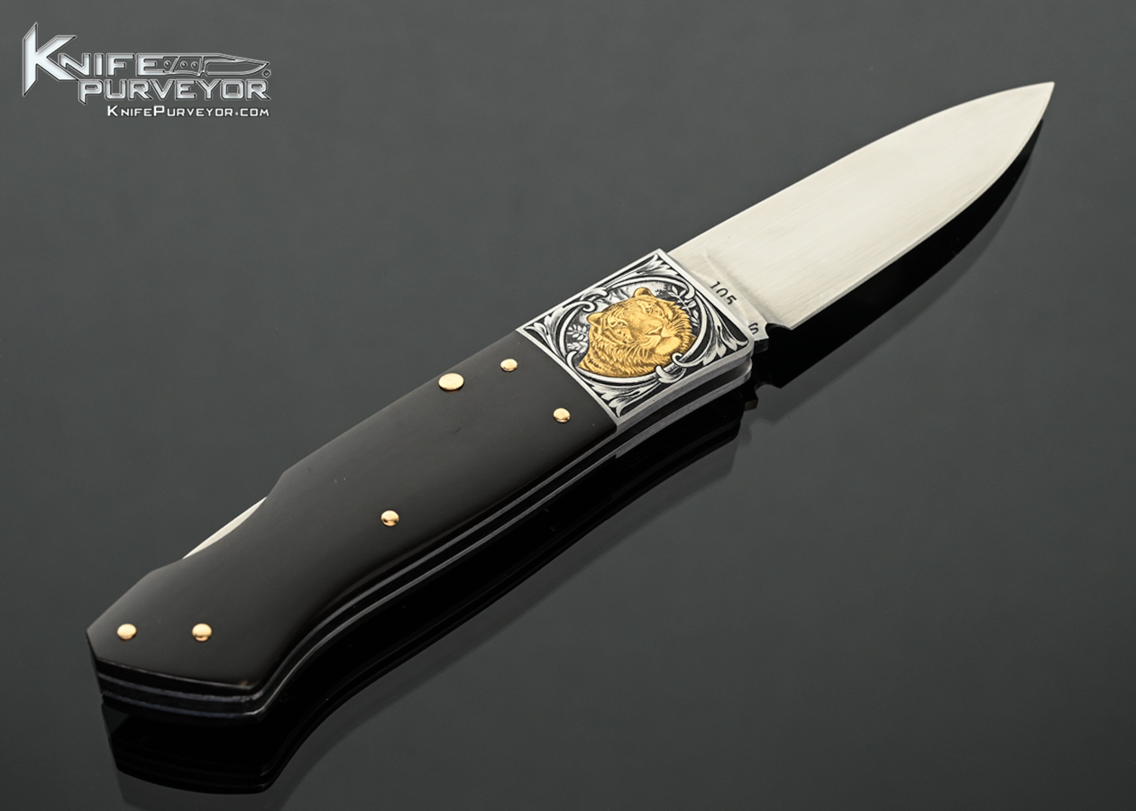 Jess Horn Custom Knife Black Buffalo Horn with 14Kt Gold Pins "3/4 SHLM" Lockback Engraved by Lisa Tomlin - Image 3
