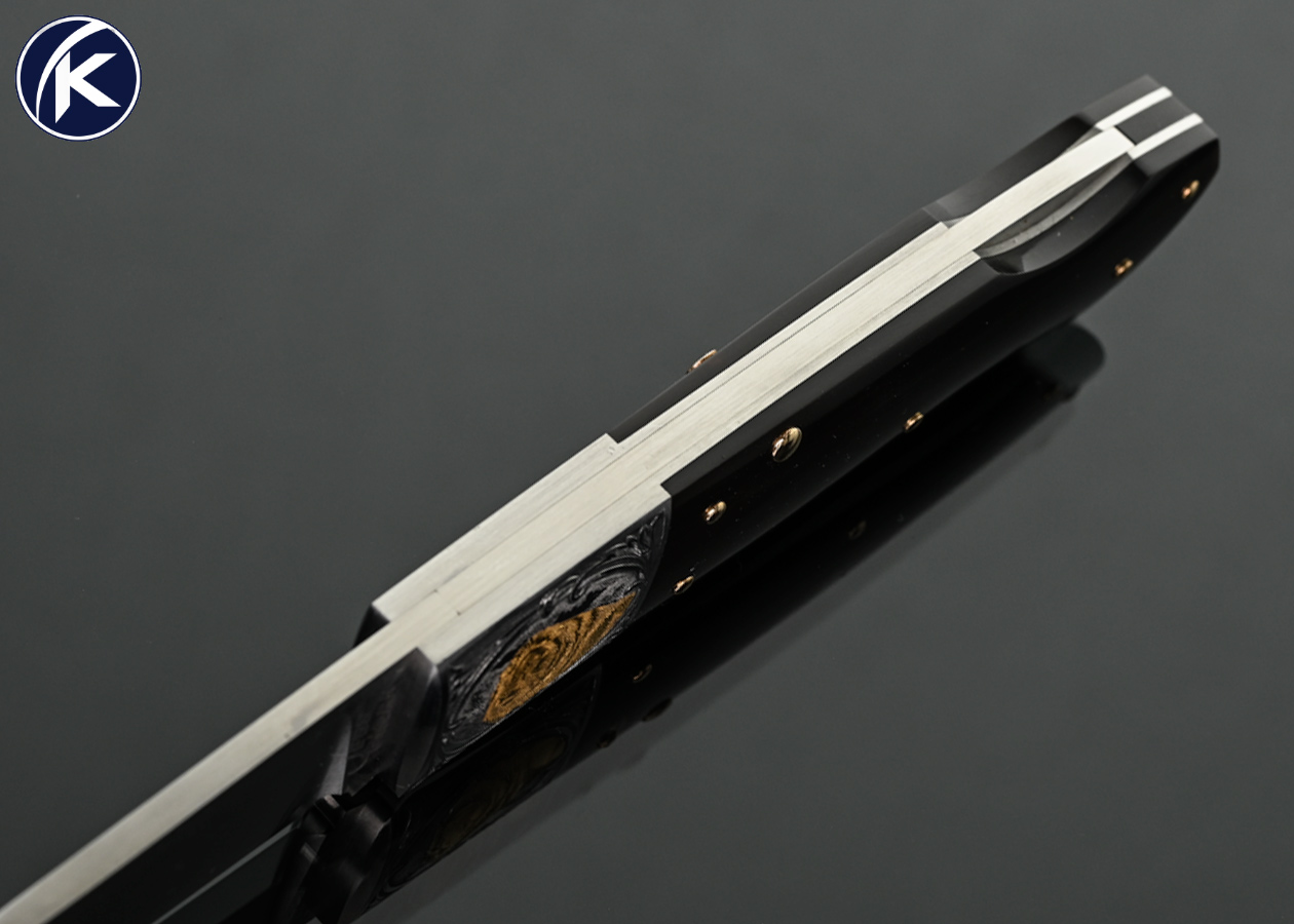 Jess Horn Custom Knife Black Buffalo Horn with 14Kt Gold Pins "3/4 SHLM" Lockback Engraved by Lisa Tomlin - Image 5