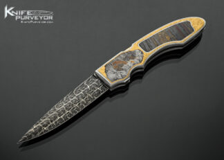Joe Kious Custom Knife Robert Eggerling Mosaic Damascus and Tiger Eye Interframe Automatic Lockback Engraved by Lee Griffiths with 24Kt Gold Inlays 18451