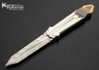 Ken-Steigerwalt-Custom-Knife-“Art-Deco”-Damasteel-with-Carved-Frame-and-Gold-with-Black-Lip-Tahitian-Pearl-Lockback-