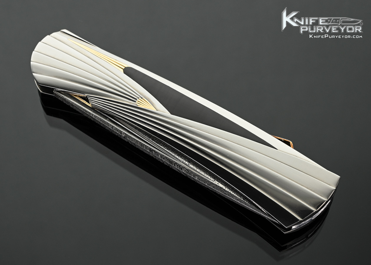 Ken Steigerwalt Custom Knife Damsteel with Fluted Stainless Steel with Gold Inlays and Pen Shell Lockback - Image 2