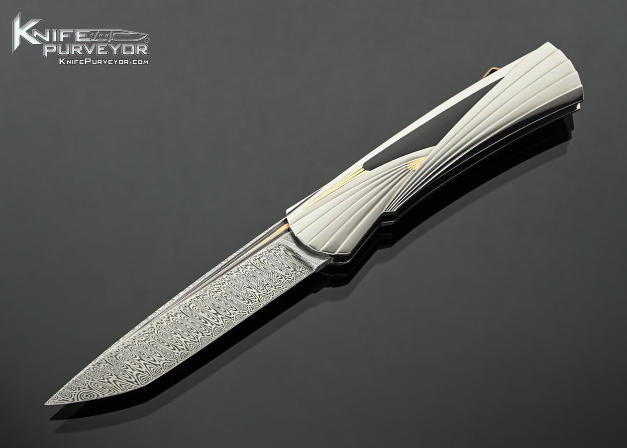 Ken Steigerwalt Custom Knife Damsteel with Fluted Stainless Steel with Gold Inlays and Pen Shell Lockback 18457