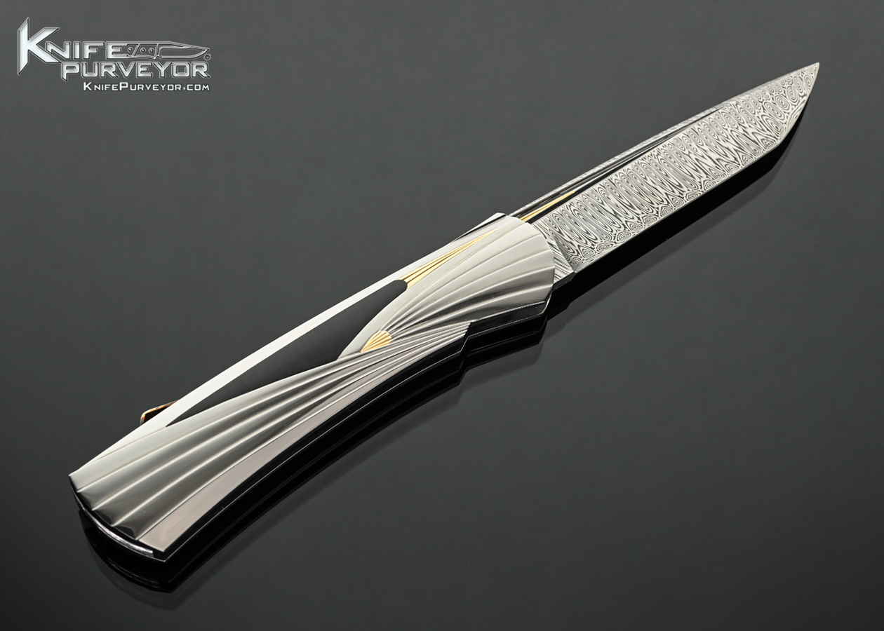 Ken Steigerwalt Custom Knife Damsteel with Fluted Stainless Steel with Gold Inlays and Pen Shell Lockback - Image 3