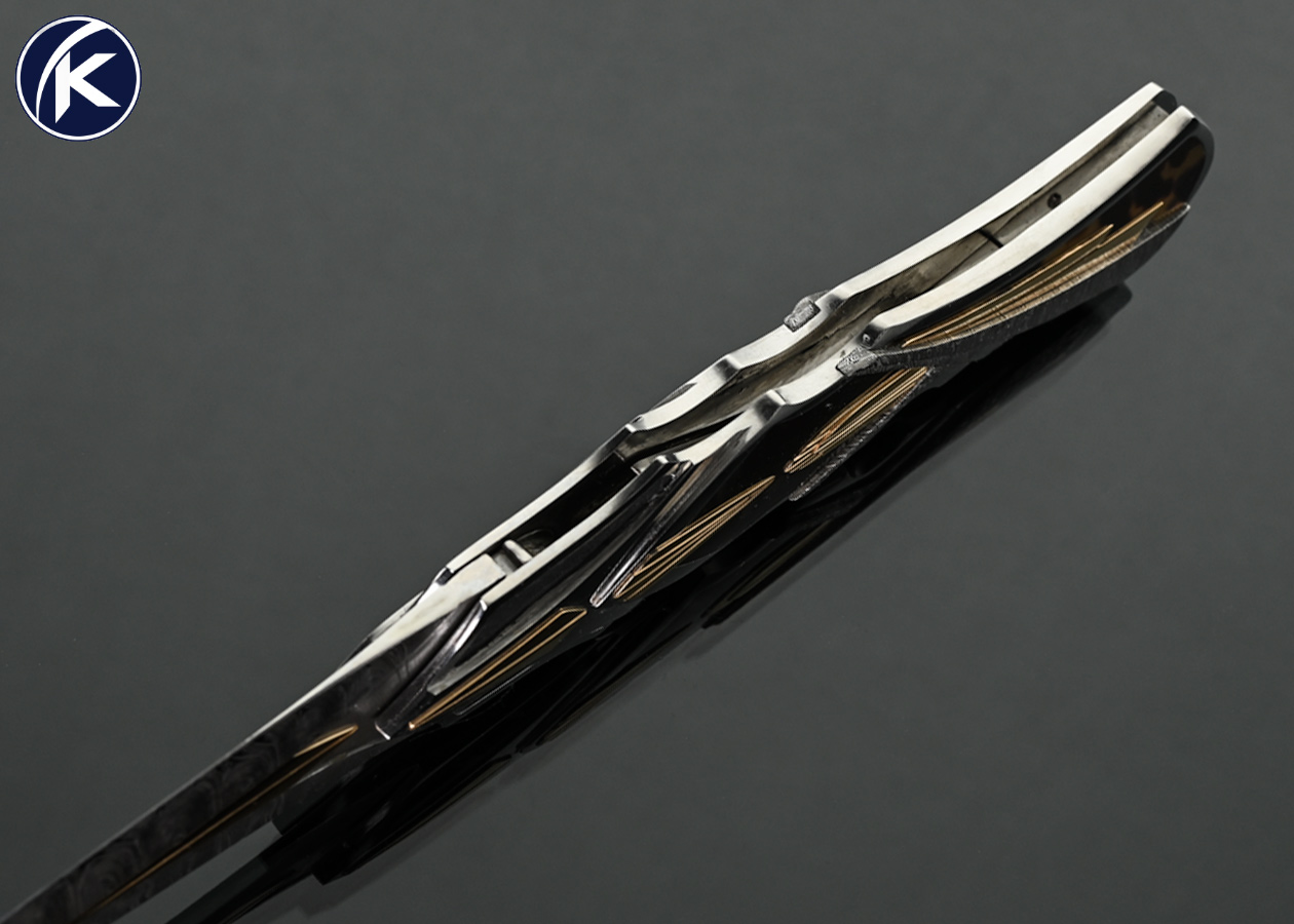 Ron Best Custom Knife Carved Mirror Polished 416 Stainless Steel with Carved Damasteel Damascus and14Kt Gold Inlays with Amber Interframe Auto Midlock - Image 5