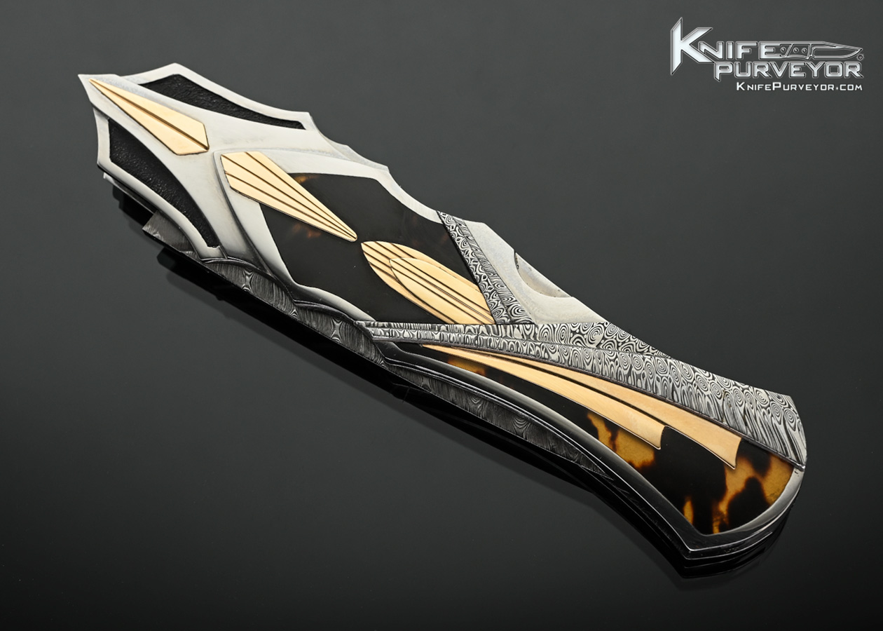 Ron Best Custom Knife Carved Mirror Polished 416 Stainless Steel with Carved Damasteel Damascus and14Kt Gold Inlays with Amber Interframe Auto Midlock - Image 2