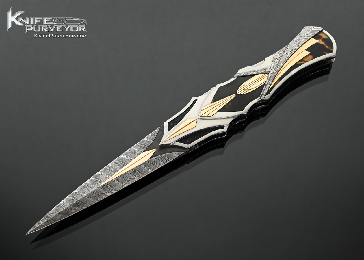 Ron Best Custom Knife Carved Mirror Polished 416 Stainless Steel with Carved Damasteel Damascus and14Kt Gold Inlays with Amber Interframe Auto Midlock 18459