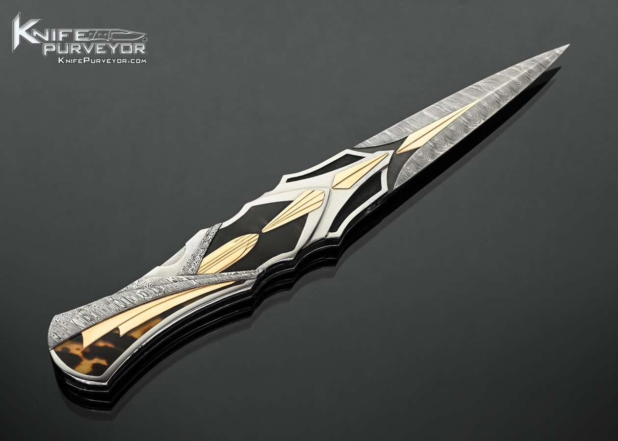 Ron Best Custom Knife Carved Mirror Polished 416 Stainless Steel with Carved Damasteel Damascus and14Kt Gold Inlays with Amber Interframe Auto Midlock - Image 3