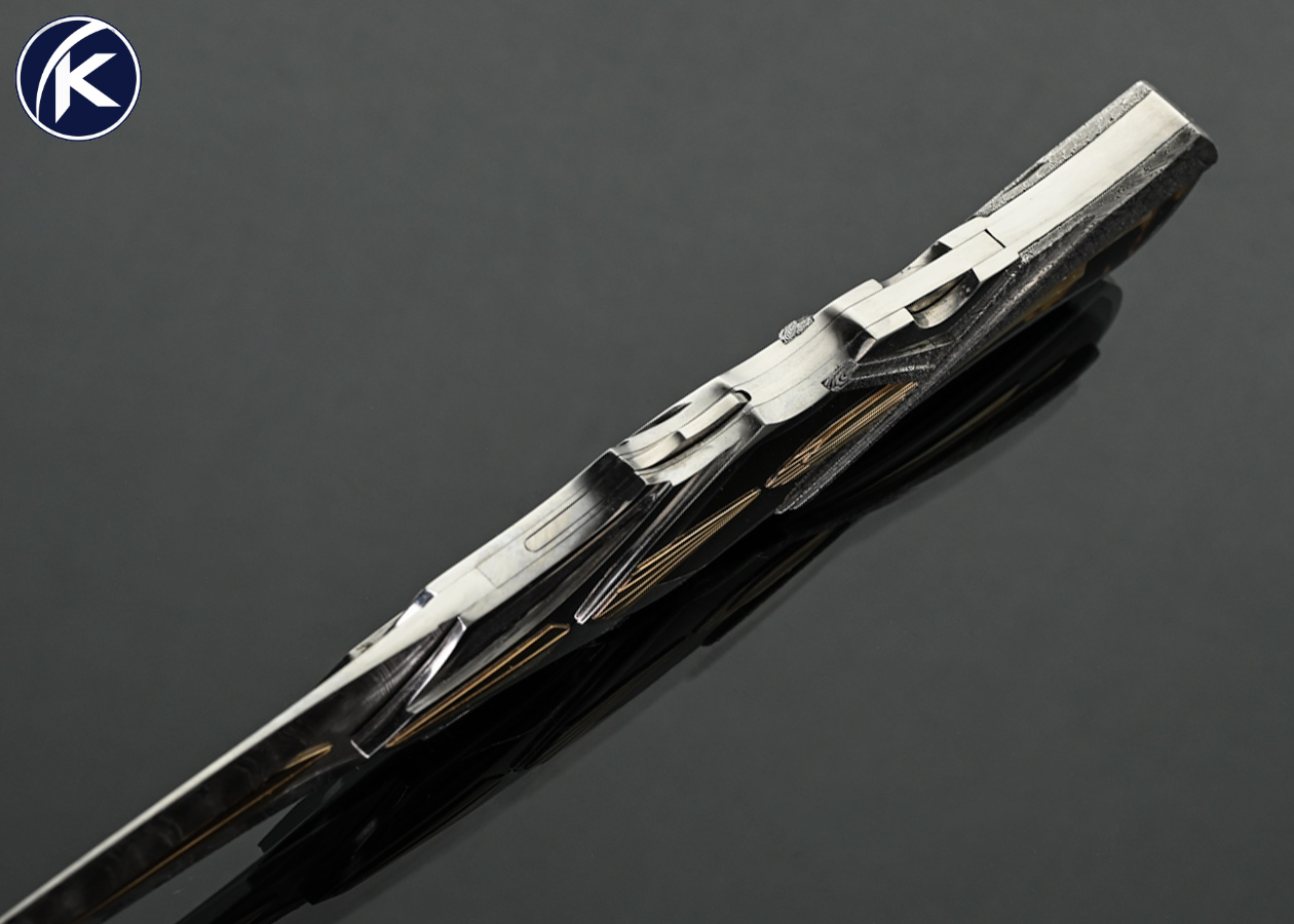 Ron Best Custom Knife Carved Mirror Polished 416 Stainless Steel with Carved Damasteel Damascus and14Kt Gold Inlays with Amber Interframe Auto Midlock - Image 4