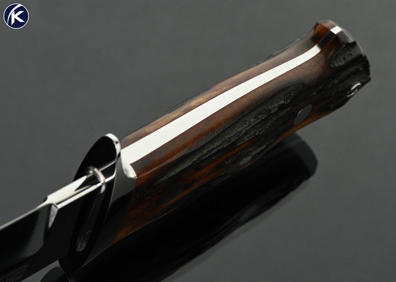 S.R.-Johnson-Custom-Knife-Stag-Double-Signature-Chute-Knife-with-Leather-Sheath-
